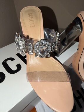 SCHUTZ Nude Crystal Embellished Clear-Strip Mule